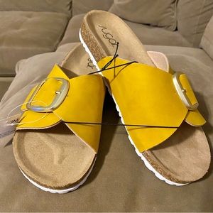 Sugar Yellow Zesty Cork Sole Buckle Slides Size 9